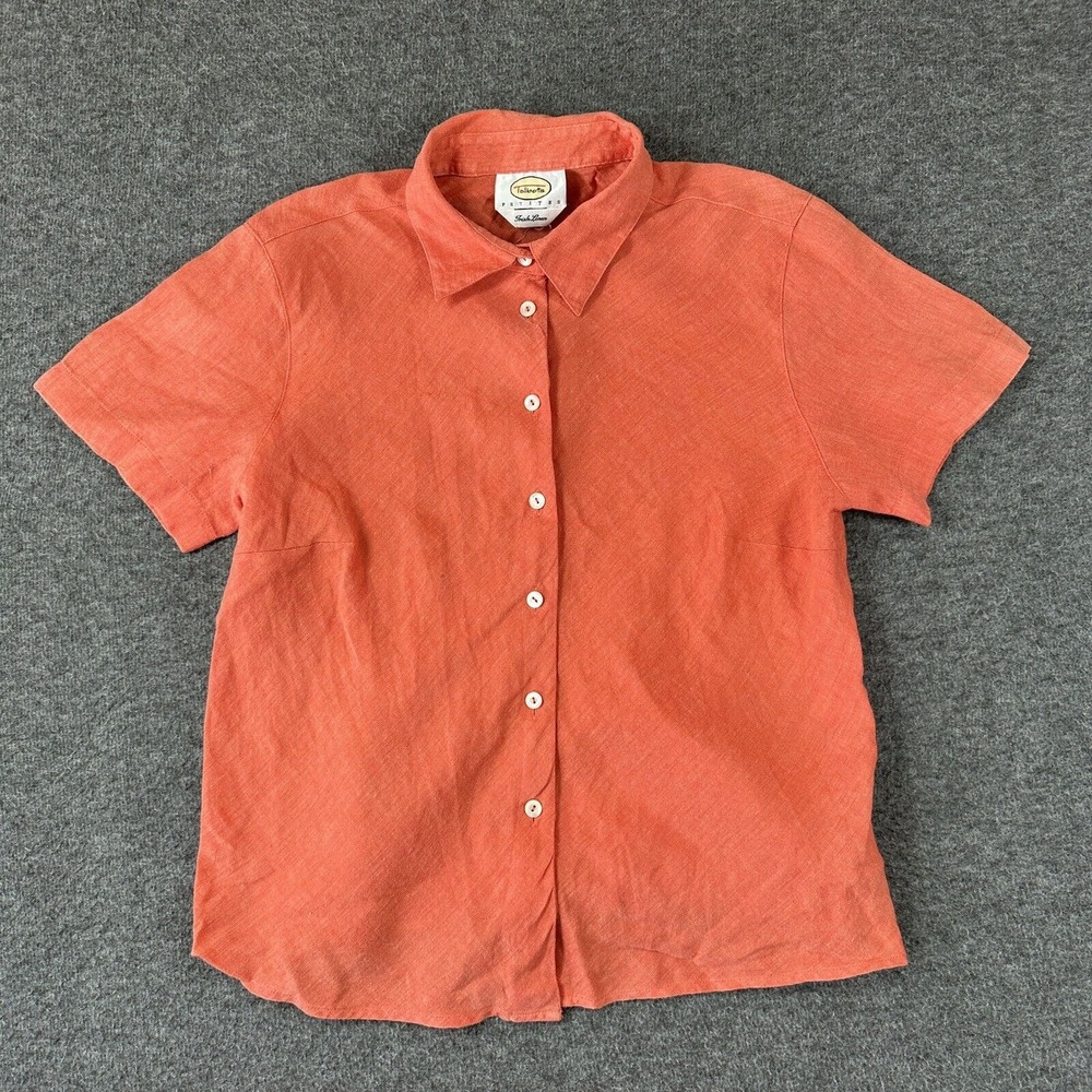 Talbots Button-Up Shirt Women 10P Orange‎ 100% Irish Linen Short Sleeve Collared